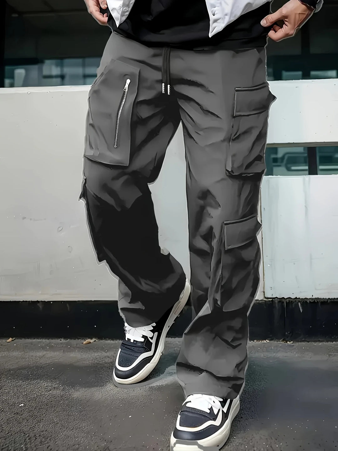 Herren weite Utility-Cargohose mit Tunnelzugbund, multifunktionalen Taschen & Reißverschlusstasche Drune