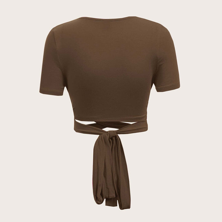 Damen Figurumspielendes Wickeloberteil mit Bindeband und kurzärmeligen Design Drune