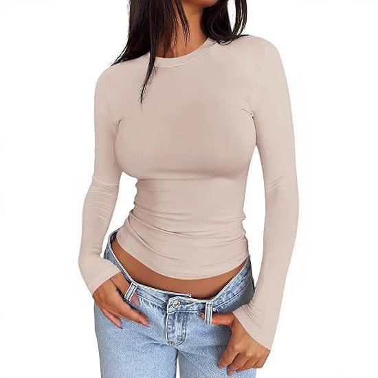 Damen Körpernahes Langarmshirt im Cropped-Look mit verlängerten Ärmeln und Daumenloch Drune