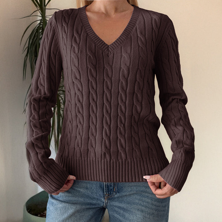 Damen Kuscheliger V-Ausschnitt Strickpullover mit Zopfmuster Drune