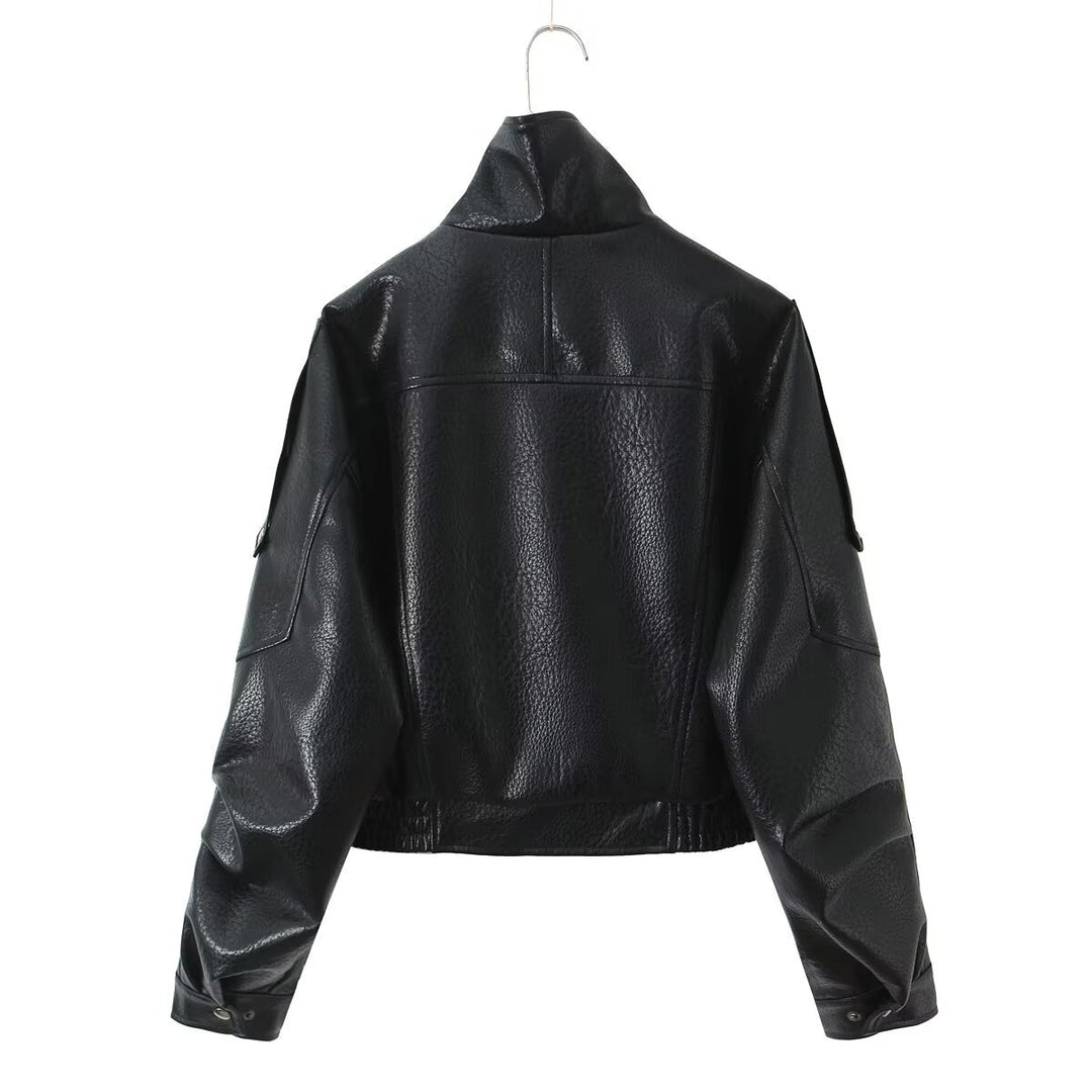 Damen Cropped Bikerblouson aus veganer Lederoptik mit asymmetrischer Frontpatte und Taillenbund Drune