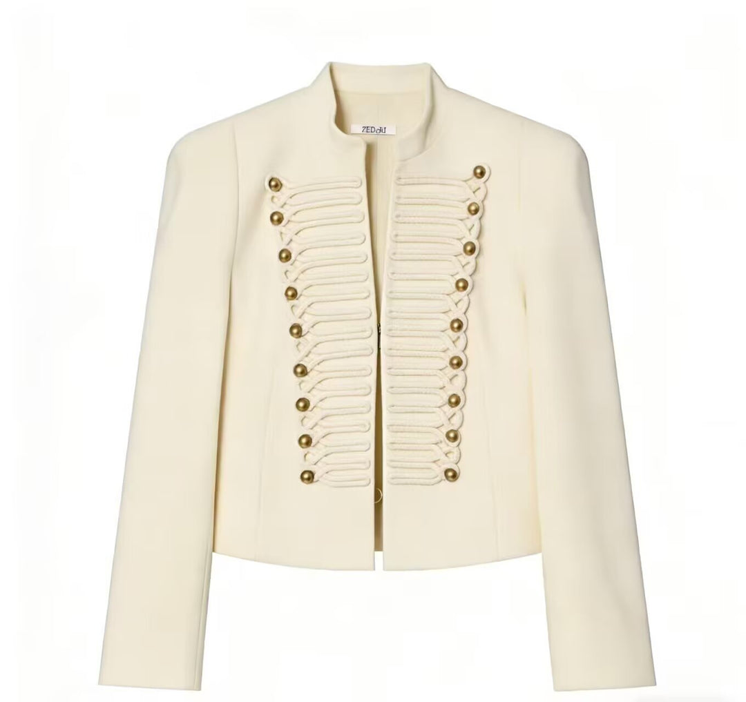 Damen Cropped Military-Blazer mit ornamentaler Kordelverzierung und Stehkragen Drune