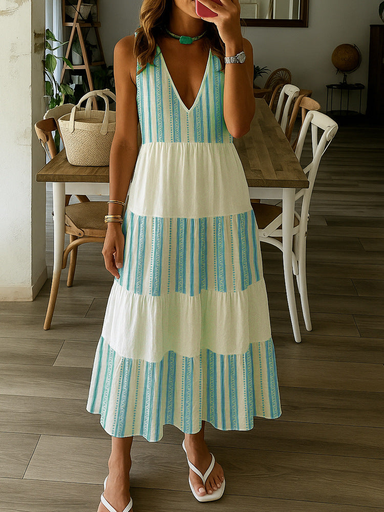 Damen Sommerliches Maxikleid mit tiefem V-Ausschnitt und breitem Rock Drune