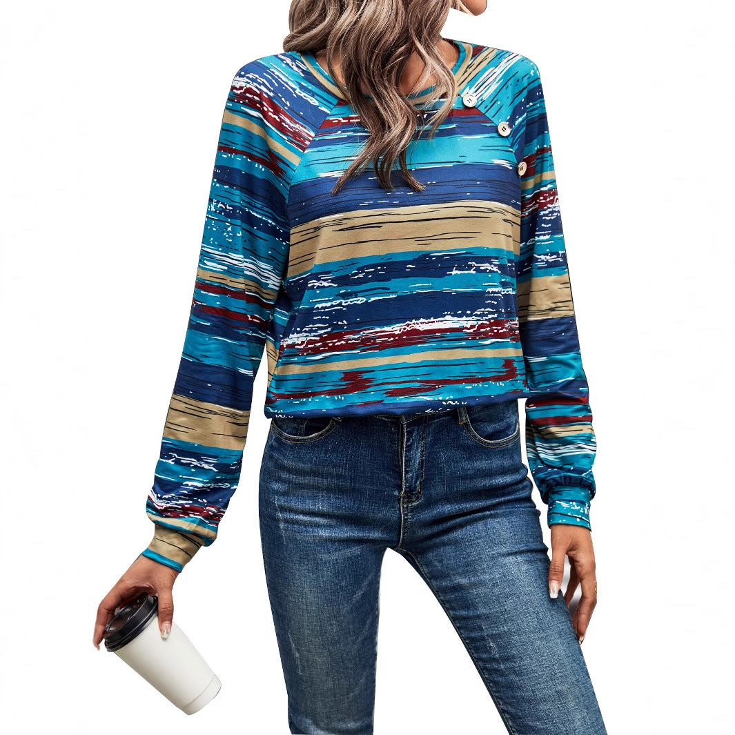 Damen gemusterter Langarm-Pullover mit kreativen Knopfdetails Drune