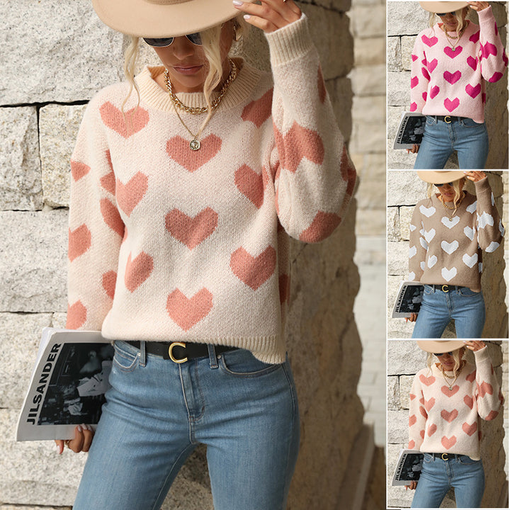 Damen Pullover mit Herz-Allover‑Muster, Rundhalsausschnitt und Relaxed‑Fit Drune