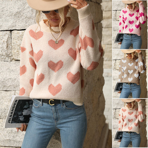 Damen Pullover mit Herz-Allover‑Muster, Rundhalsausschnitt und Relaxed‑Fit Drune
