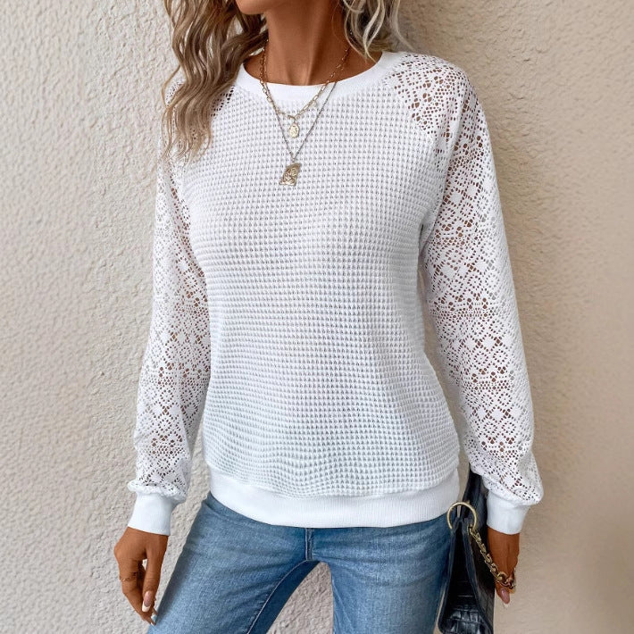 Damen nan Pullover mit Waffelstruktur, Raglanform und transparenter Spitzenärmel Drune