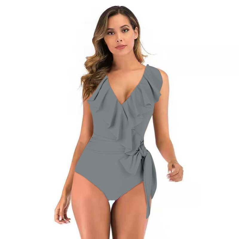 Damen Einteiliger Badeanzug mit raffinierten Rüschendetails und eleganter Schleife Drune
