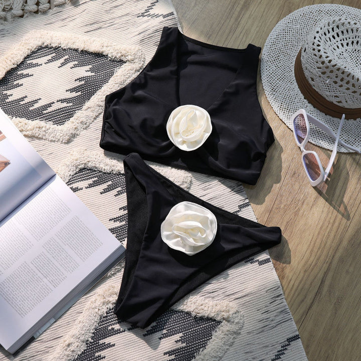 Damen Hochgeschnittenes Bikini-Set mit eleganter Blumenapplikation Drune