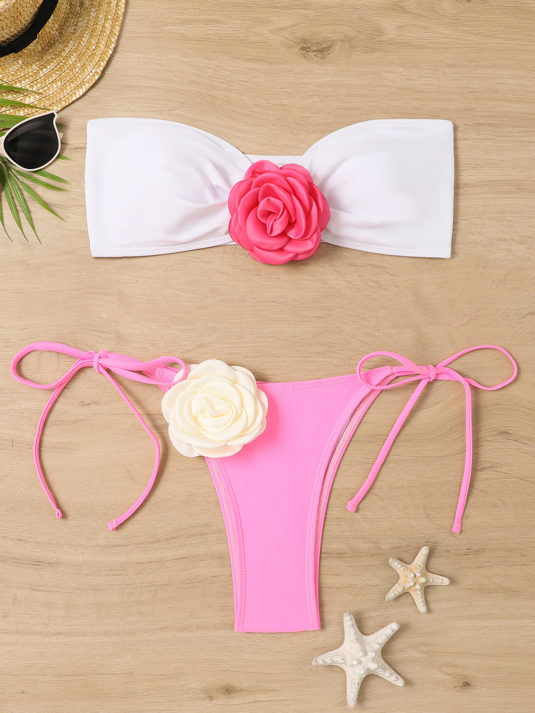 Damen Bandeau Bikini mit Blumenapplikation Drune