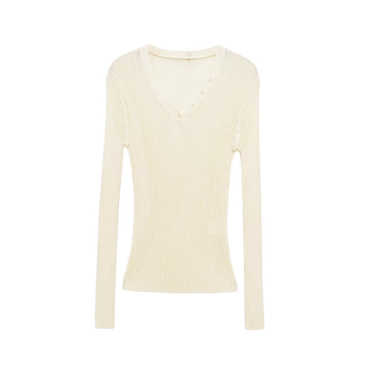 Damen Figurbetontes Rippstrick-Longsleeve mit V-Ausschnitt und Zierknopfleiste Drune