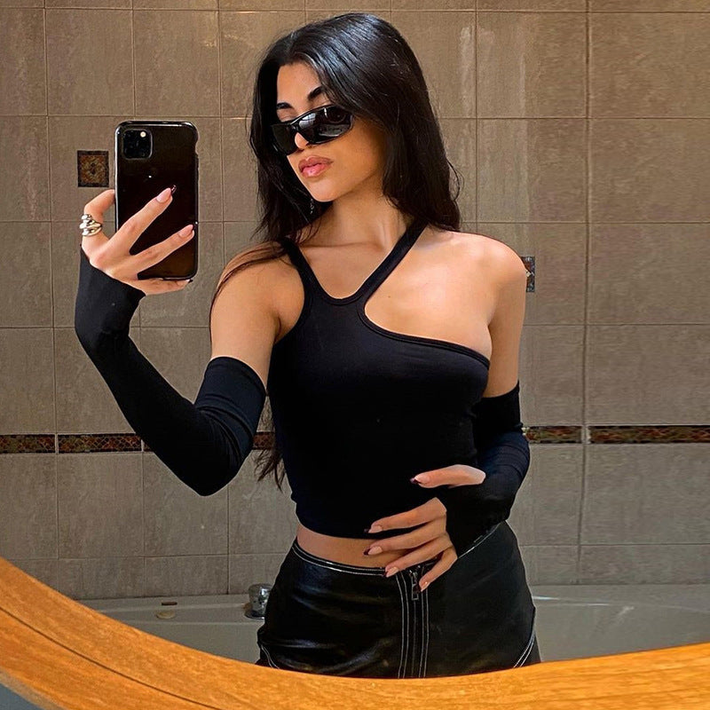 Damen Asymmetrisches Crop-Top mit langen Ärmeln Drune