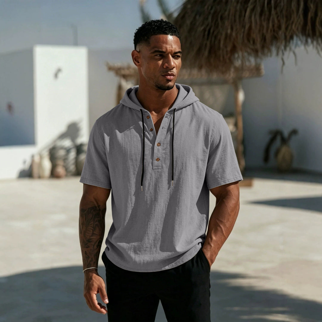 Herren Kurzarm-Hoodie-Henley aus Leinenoptik mit Knopfleiste Drune