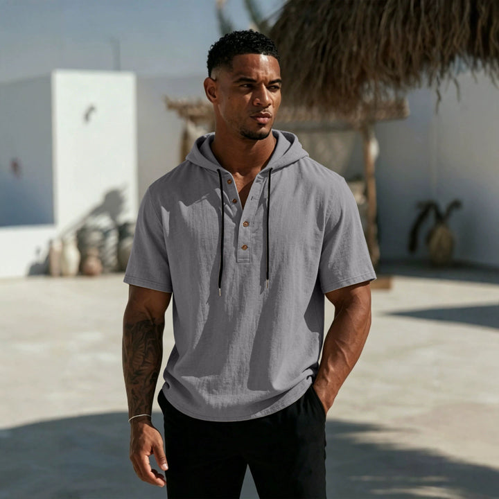 Herren Kurzarm-Hoodie-Henley aus Leinenoptik mit Knopfleiste Drune