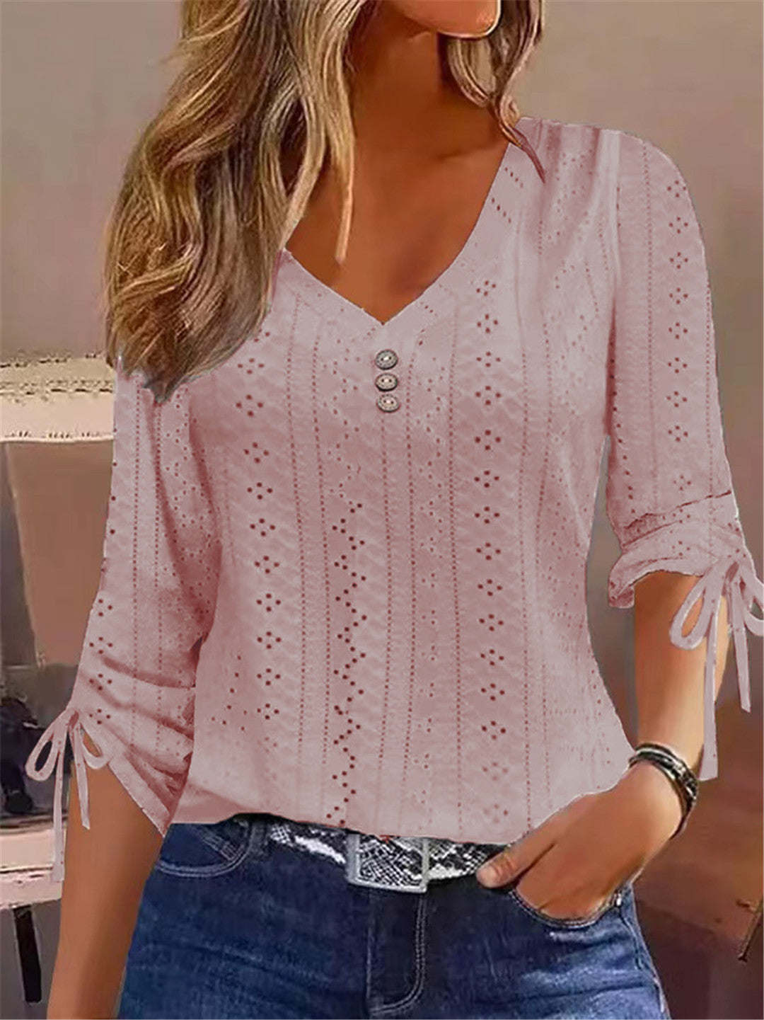 Damen V-Ausschnitt Bluse mit Raffdetails Drune