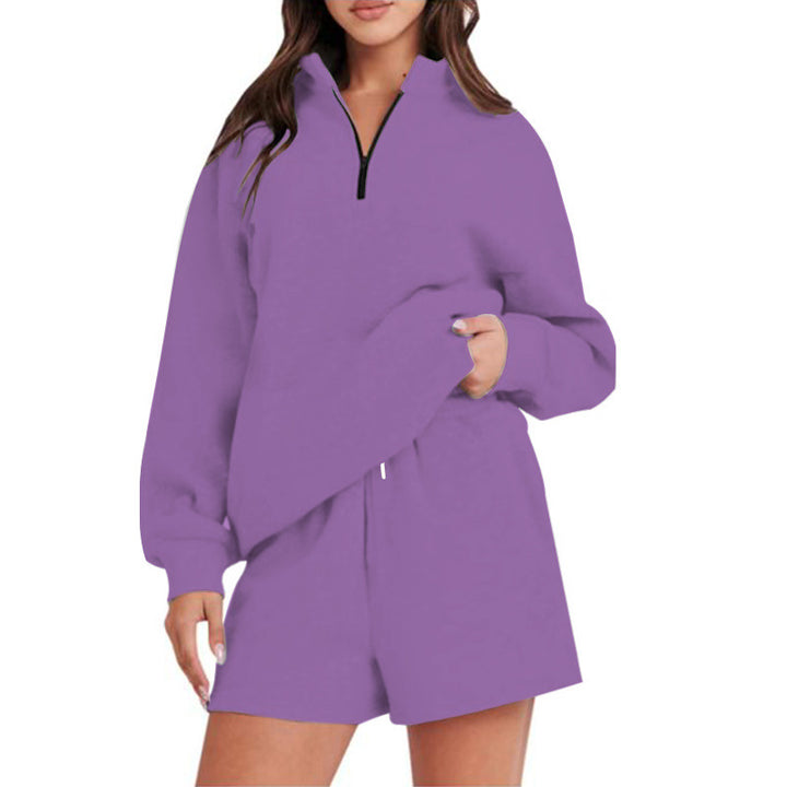 Damen Sportlicher Sweatshirt-Hosen-Set mit hohem Kragen und praktischem Reißverschluss Drune