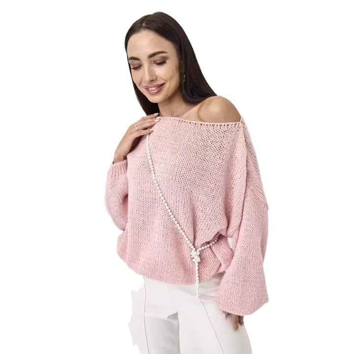 Damen lässiger Grobstrickpullover mit weiten Ärmeln und Rundhalsausschnitt Drune