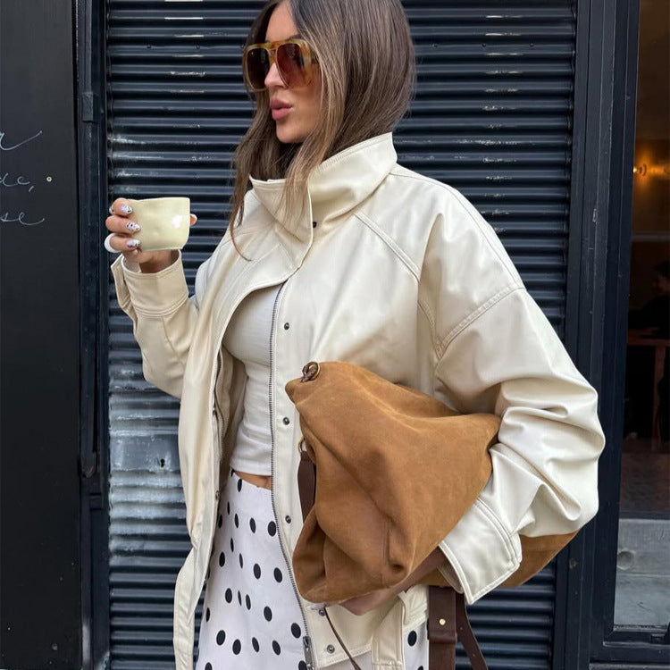 Damen Oversize-Lederimitatjacke mit Stehkragen und Tunnelzug Drune