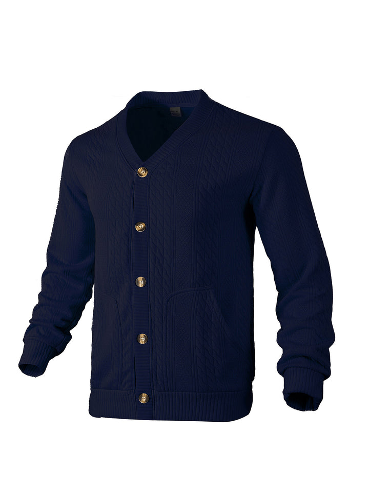Herren nan eleganter Zopfstrickcardigan mit V-Ausschnitt Knopfleiste und aufgesetzten Taschen Drune