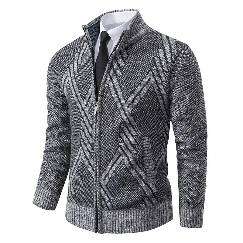 Herren Grobgestrickte Zip‑Strickjacke mit Stehkragen und geometrischem Strukturmuster Drune