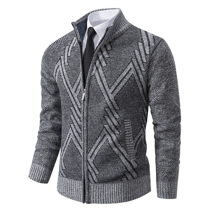 Herren Grobgestrickte Zip‑Strickjacke mit Stehkragen und geometrischem Strukturmuster Drune