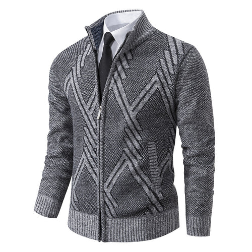 Herren Grobgestrickte Zip‑Strickjacke mit Stehkragen und geometrischem Strukturmuster Drune