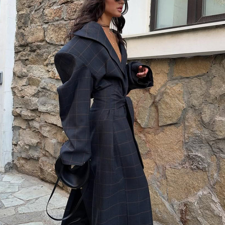 Damen Oversize Wickelmantel mit weitem Schalkragen und Bindegürtel Drune