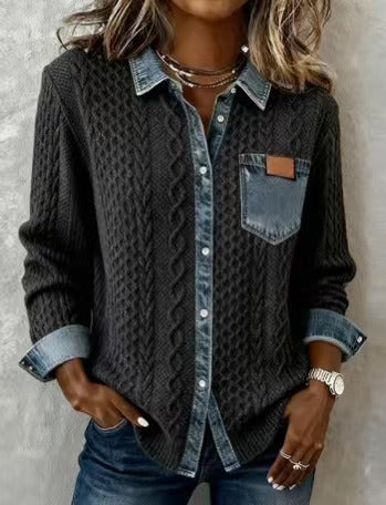 Damen Strickjacke mit Denim-Look-Kragen, dekorativer Knopfleiste und Brusttasche Drune