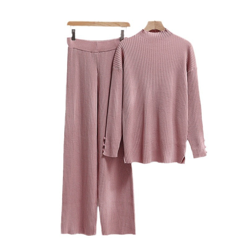 Damen lässiger Strickanzug mit Stehkragen und Knopfdetails Drune