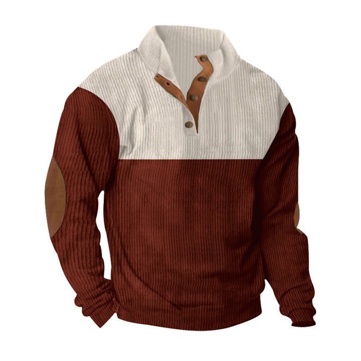 Herren nan gerippter Henley-Strickpullover mit Lederbesatz an Knopfleiste und Ellbogen-Patches Drune