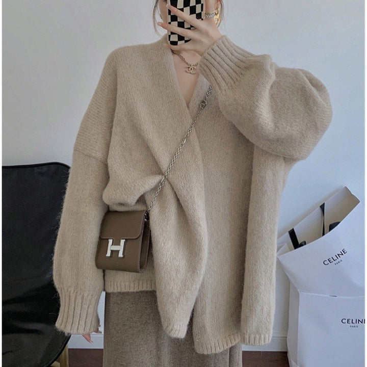 Damen Oversized Kuschelpullover mit tiefem V-Ausschnitt und langen Ärmeln Drune