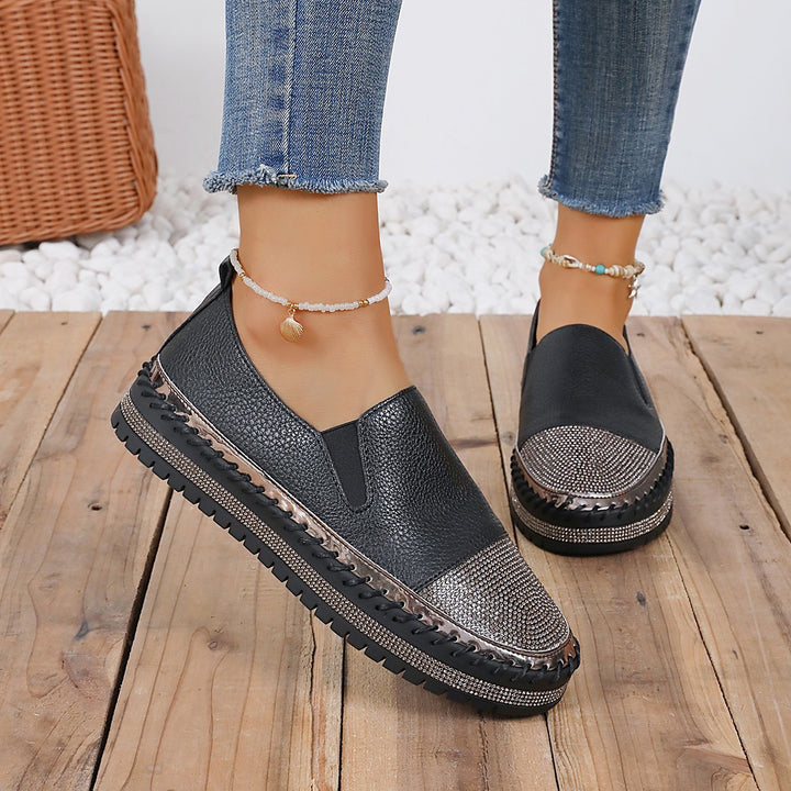 Damen Slip-On Plateau-Slipper mit Strassbesatz, elastischem Einstieg und profilierter Gummisohle Drune