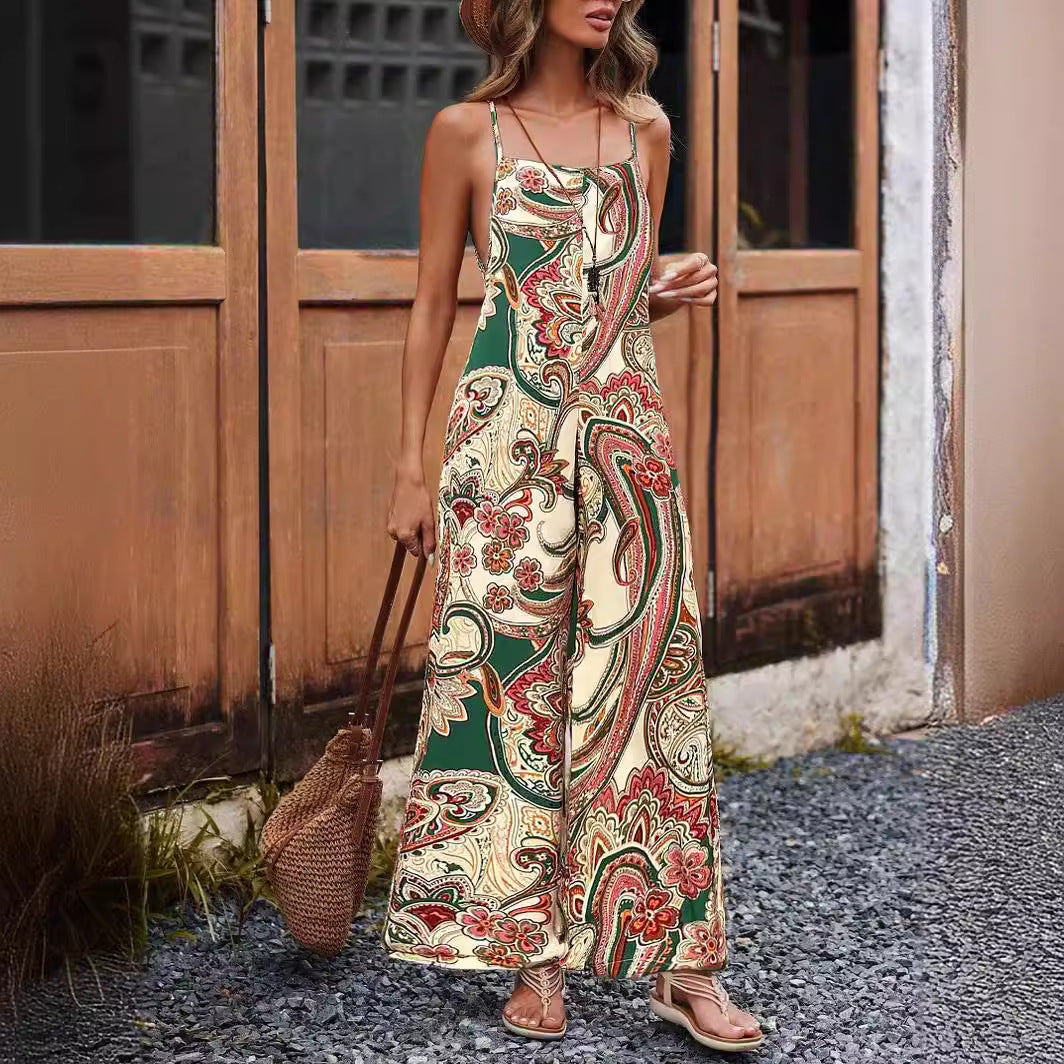 Damen Lässiger ärmelloser Jumpsuit mit weitem Bein, Spaghettiträgern und Paisley‑Print Drune
