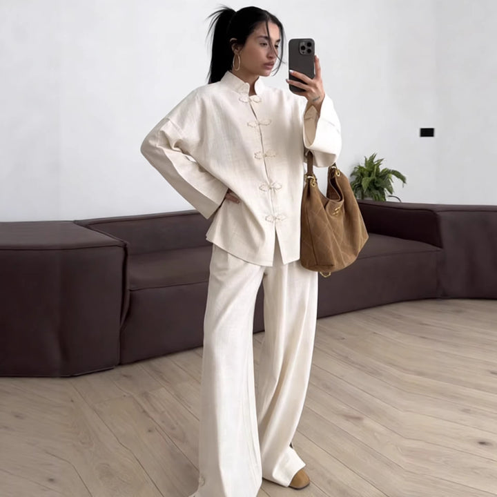 Damen Oversized Mandarinjacke mit Knotenverschlüssen und weitem Arm Drune