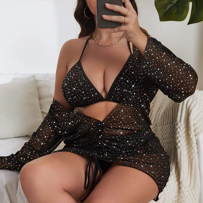 Damen transparentes Strandkleid mit Rüschen und funkelnden Akzenten Drune