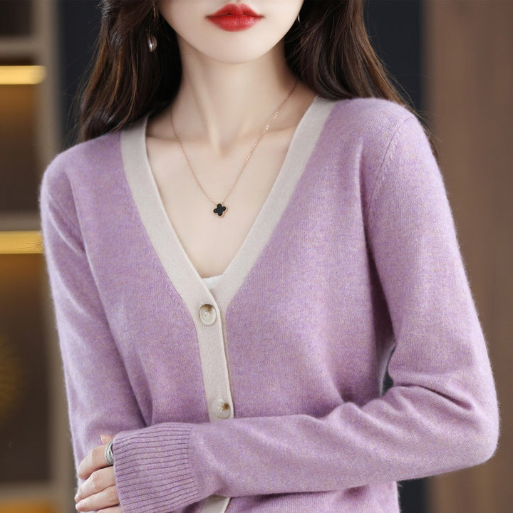 Damen Kontrastbesetzter V‑Neck-Feinstrickcardigan mit Perlmuttknöpfen Drune