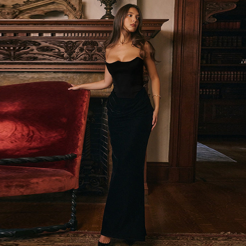 Damen elegantes A-Linien-Maxikleid mit gerafftem Oberteil und trägerlosem Design Drune