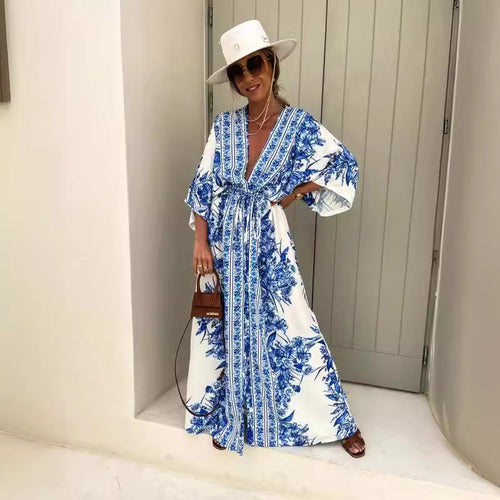 Damen luftiger Kaftan mit kunstvollem Blumenmuster und eleganten Details Drune