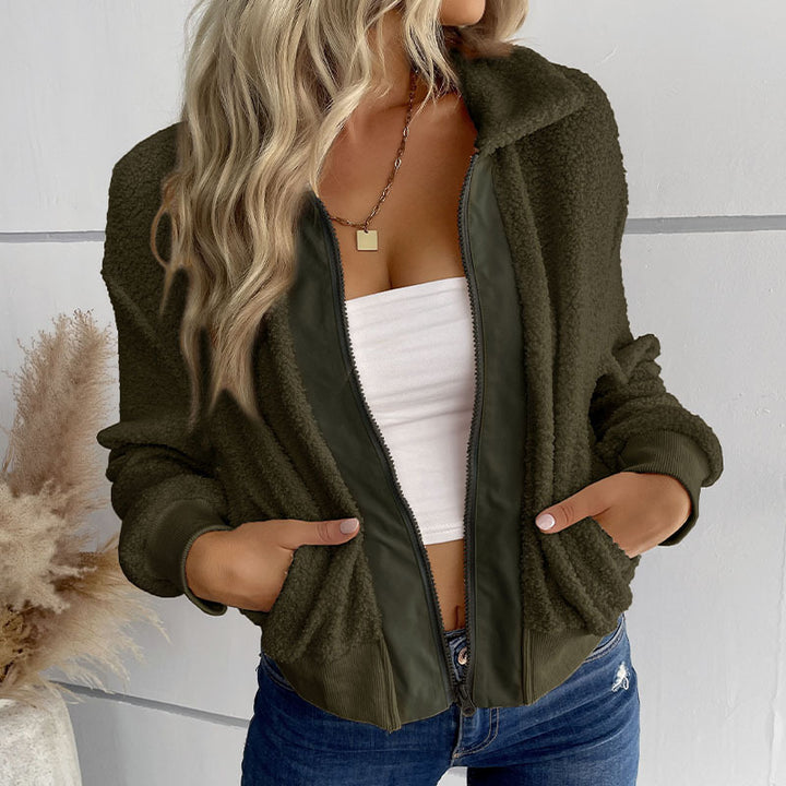 Damen Teddyjacke mit Reißverschluss, Stehkragen und Rippbündchen Drune