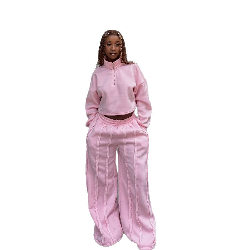 Damen Crop-Halbzip-Sweatshirt und High-Waist Wide-Leg Loungehose Set mit sichtbaren Naht-Details Drune
