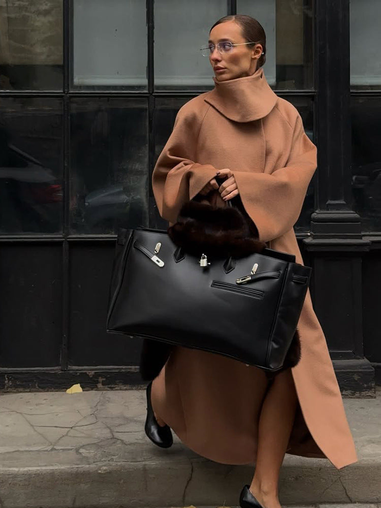 Damen Maxilanger Oversize Wollmix-Mantel mit übergroßem Stehkragen und ballonartigen Ärmeln Drune