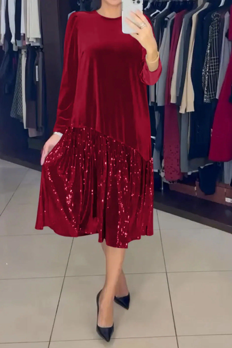 Damen nan Samt-Midikleid mit plissiertem Paillettenrock, lockerem A-Linien-Schnitt und Rundhalsausschnitt Drune