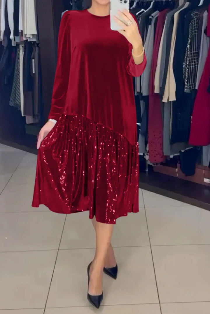 Damen nan Samt-Midikleid mit plissiertem Paillettenrock, lockerem A-Linien-Schnitt und Rundhalsausschnitt Drune