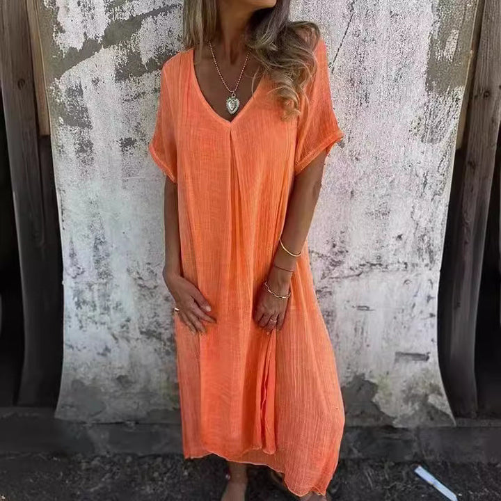Damen Leichtes Sommerkleid mit V-Ausschnitt und weiten Ärmeln Drune