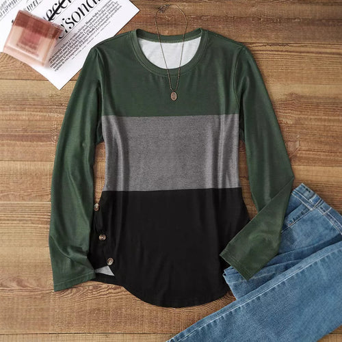 Damen Langarm-Colorblock-Shirt mit rundem Saum und seitlichem Knopfdetail Drune