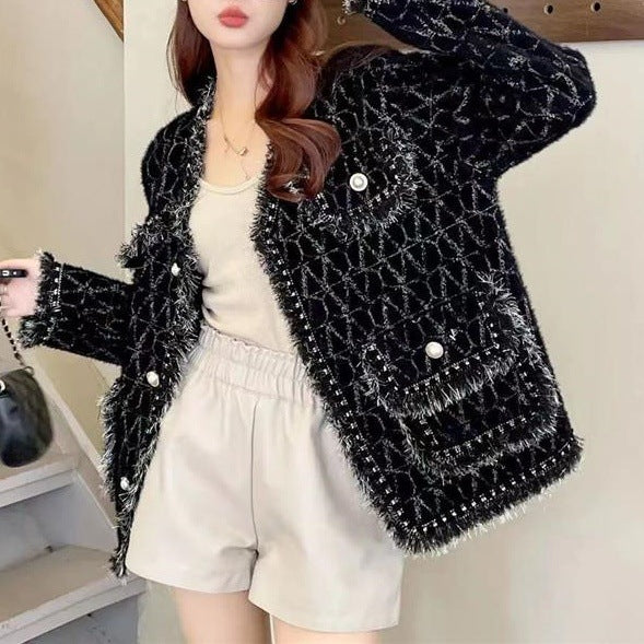 Damen Flauschige Strickjacke mit Perlen-Dekor Drune