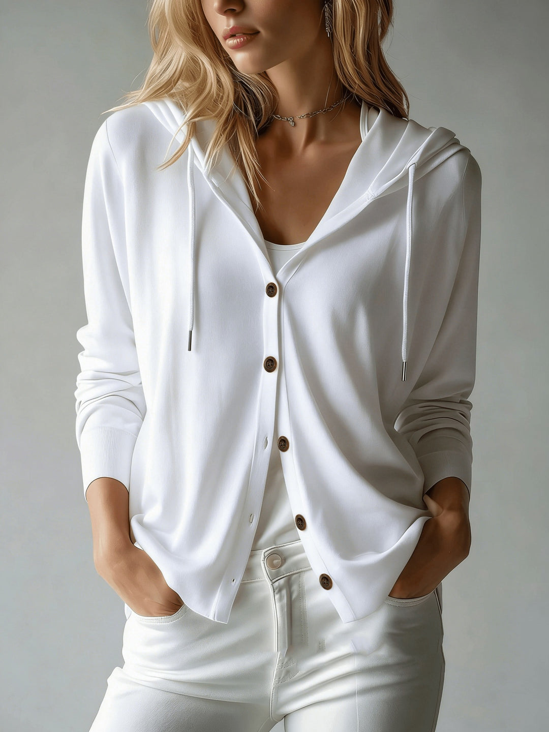 Damen nan leichter Kapuzen-Cardigan mit Knopfleiste und Tunnelzug Drune