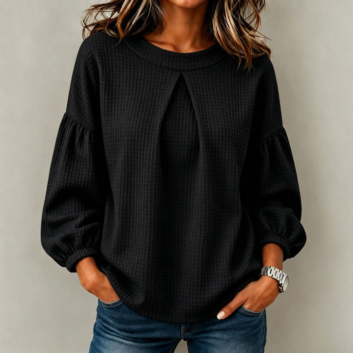 Damen Lockeres Waffelstrick-Sweatshirt mit Vorderfalte und Ballonärmeln Drune