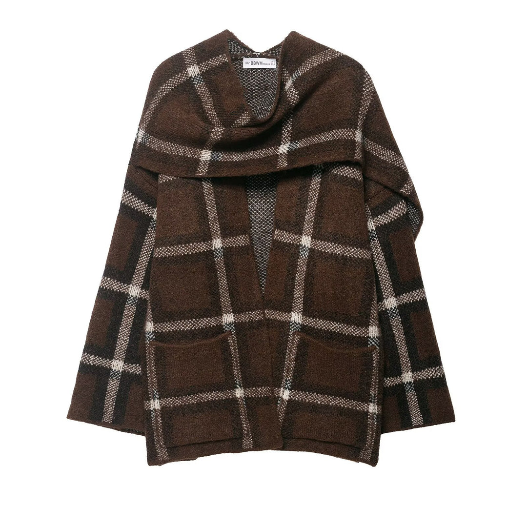 Damen eleganter Oversized Cardigan mit Karomuster und praktischen Taschen Drune