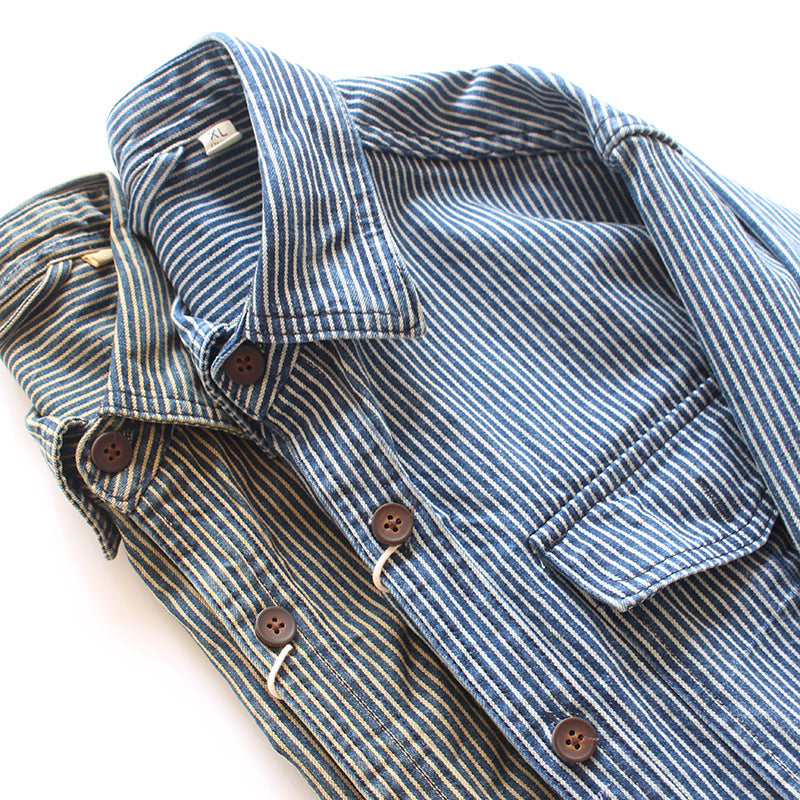 Herren Gestreiftes Denim-Hemd mit Brusttaschen Drune